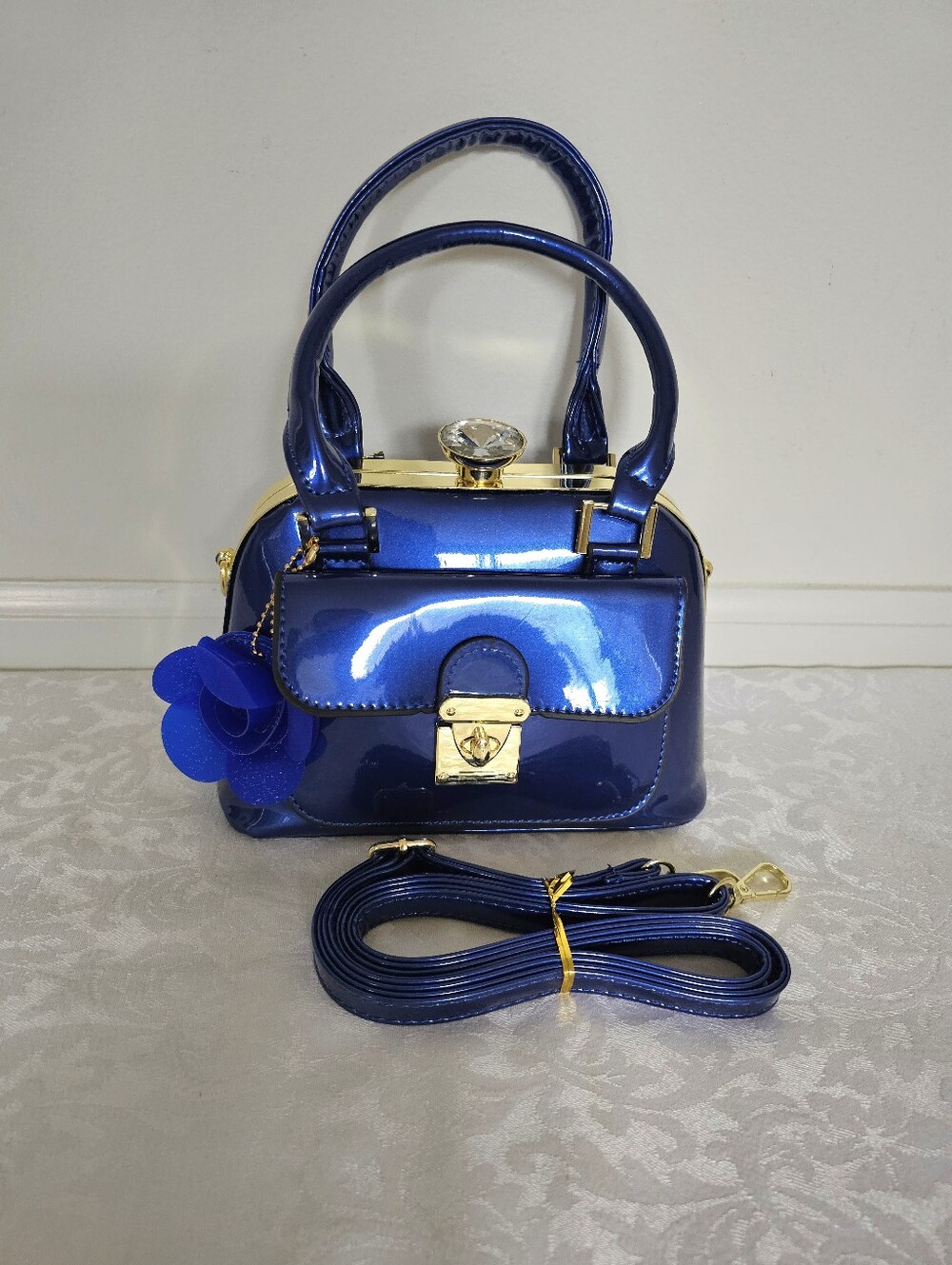 Royal Blue Patent Mini Satchel Handbag with Flower Charm and Crossbody Strap